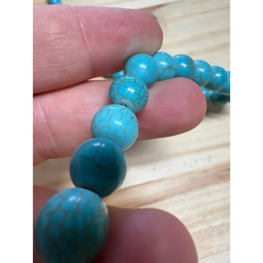 Turquoise Blue Howlite Beaded Necklace Round Stone Beads Boho Southwestern